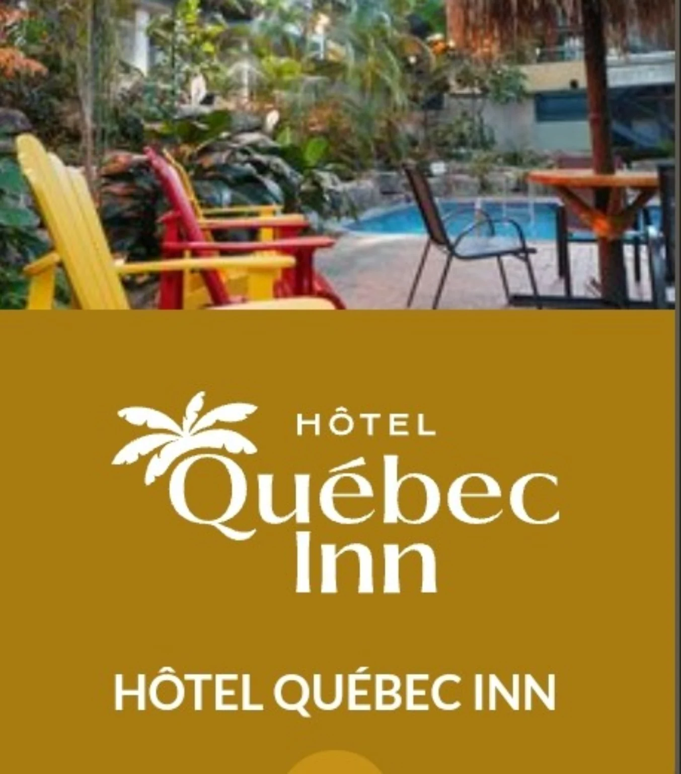 Visuel de l’Hôtel Québec Inn avec une photo de son jardin intérieur et son logo