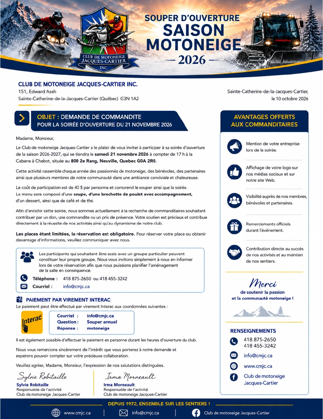 Invitation et demande de commandite du club pour le souper d’ouverture du 21 novembre 2026